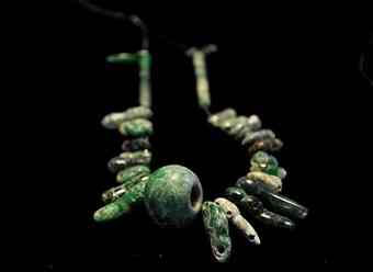 Jade jewelry used to adorn the bodies found inside a tomb in the ancient city of Chiapa de Corzo, Chiapas, Mexico.