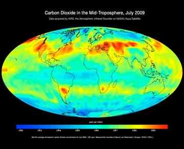 Data from the Atmospheric Infrared Sounder instrument on NASA's Aqua satellite shows large-scale patterns of carbon dioxide concentrations that are transported around Earth by the general circulation of the atmosphere. Credit: NASA/JPL