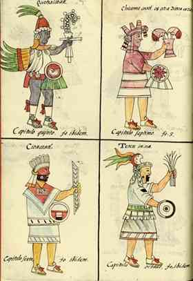 Aztec deities as illustrated in watercolor on vellum in Bernardino de Sahagun's Florentine Codex, a chronicle of Aztec history and culture, 1575-1577. Biblioteca Medicea Laurenziana, Florence