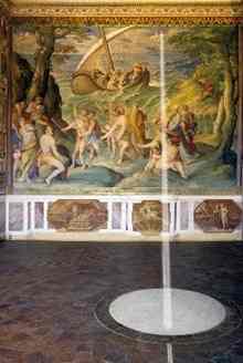 In the Tower of Winds the spot is marked where a ray of sunlight falls at noon on the spring equinox through a hole in the fresco 'The Calming of the Storm.'