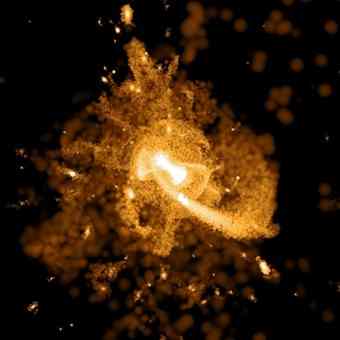 Simulation showing a Milky Way-like galaxy around five billion years ago, when most satellite galaxy collisions were happening. 