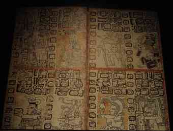 One of many hieroglyphics, dated 1450 AD, showing the importance of cocoa in the lives of the Aztecs who settled in Mexico from 1375 till the Spanish came in 1519. The top right segment shows a god drinking cocoa.