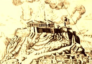 Engraving showing the explosion of 1687