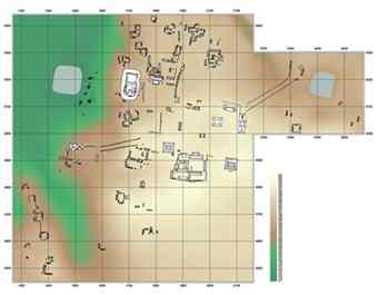 The two artificial lakes are marked in blue on this map of Uxul's ruins. Both measure about 100x100 metres (a football field is about 90 by 120 metres.) - Image copyright Institute for Ancient American Studies, University of Bonn.