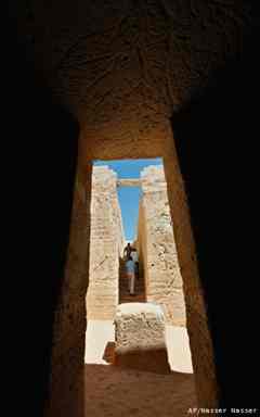 An altar is located at the center of an open air hall, part of a royal tomb at the ancient city of Leukaspis.