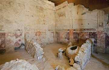 Frescos discovered in the Herodium complex, in the West Bank, south of Jerusalem, Tuesday, Sept. 21, 2010. Israeli archaeologists have excavated a lavish private box in a 400-seat theater located at King Herod's winter palace in the Judean desert. Head archaeologist Ehud Netzer says Herod commissioned Roman artists to decorate the theater walls with elaborate paintings and plaster moldings around 15 B.C.