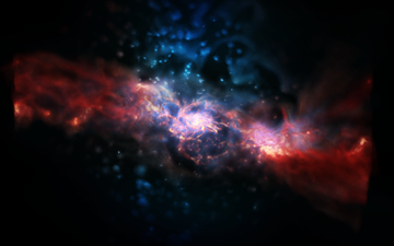 A simulation of a star-forming galaxy similar to those observed. Cold gas (red) flowing onto a spiral galaxy feeds star formation. This intense star formation drives turbulent outflows (blue).