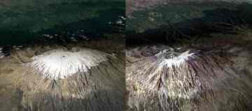 Shrinking summit. NASA's Landsat satellite captured these images of Kilimanjaro February 17, 1993 and February 21, 2000. (Image: NASA/USGS)