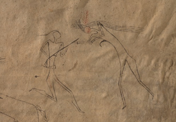 Drawings on an 1850s Crow buffalo robe at major new exhibit at the National Museum of the American Indian in New York City.