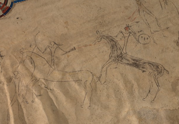 Drawings on an 1850s Crow buffalo robe at major new exhibit at the National Museum of the American Indian in New York City.
