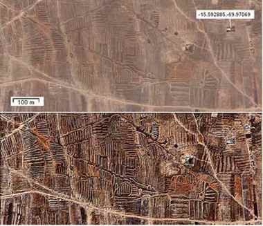 This is a part of the land near Lake Titicaca (Huatta, Peru). In the upper panel, the  image from Google, in the lower one, the enhanced image