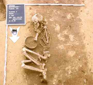 The excavators did not find many complete skeletons. This one was found in the fetal position, and was buried with a bowl.