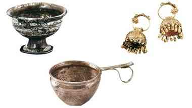 Clockwise from top,left) A silver chalice with gilding, a bell-shaped gold earrings, and a silver strainer. (Copyright: Musée du Louvre, Paris 2010 and Somogy Art Publishers, Paris 2010). 