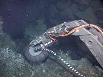 A robotic arm from the ROV Jason II deployed sampling equipment on the seafloor. All photos courtesy of M. McCarthy.