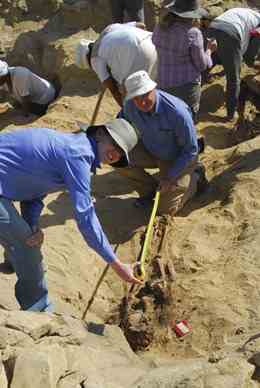 BYU student Kim Matheson and professor C. Wilfred Griggs measure a mummy at an excavation in Fayum, Egypt in 2010. Courtesy of Brigham Young University