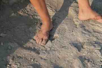 Roman sandal print at Hippos (Sussita) left a pattern of small perforations in cement. Average adult feet on either side of the footprint show scale. (Credit: University of Haifa)