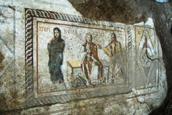 A mosaic found in modern day Turkey represents Menander's poem 'Perikeiromene' ('Girl Whose Hair is Shorn').