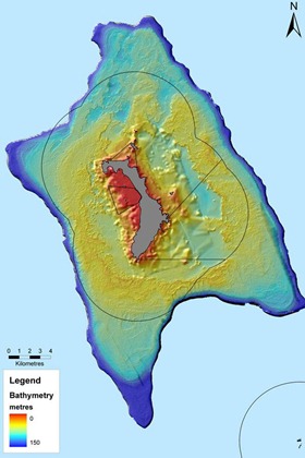The map shows Lord Howe Island – the modern reef is in red, and the fossil reef in orange – the lines are the marine park boundaries. Credit: Colin Woodroffe/ University of Wollongong/ Geoscience Australia