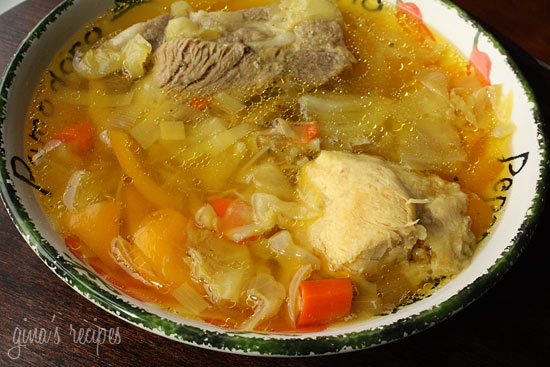 This hearty cabbage soup with chicken, pork and lots of vegetables  is a simple one pot meal. Great comfort food for a cold winter evening.