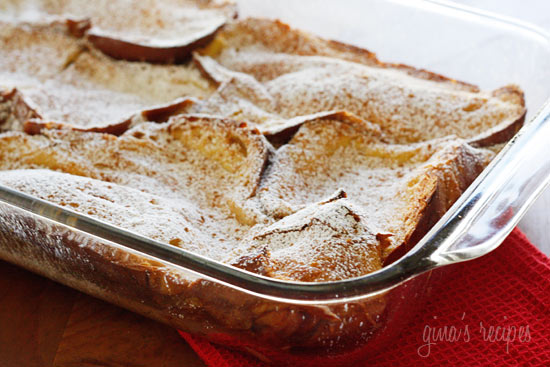 A make-ahead baked creme brulee French toast casserole with a sweet sugar-coated bottom, perfect for a Christmas morning breakfast.