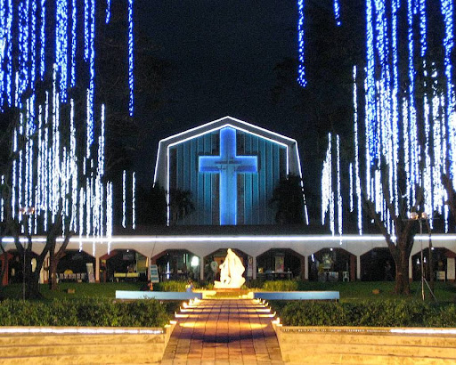 The Promenade of Our Lady and St. Stanislaus Kostka Chapel at the Ateneo de Manila High School at night