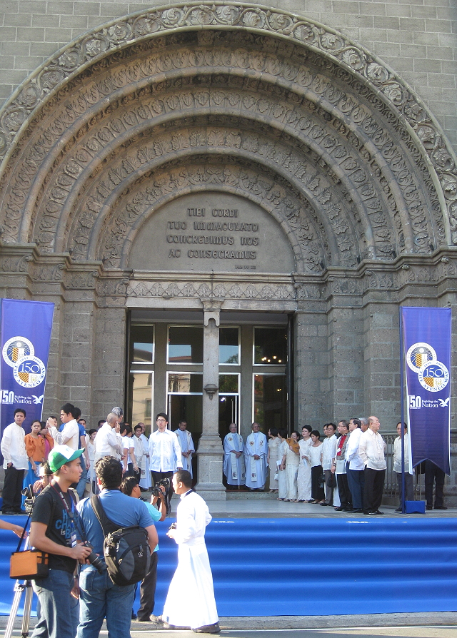 facade of the Manila Cathedral decorated for the 150th anniversary of the Ateneo de Manila