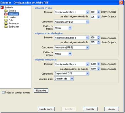Menú de configuración de PDF del programa Adobe Acrobat