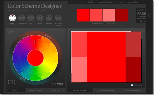 Página incial de la web Color Sheme Designer