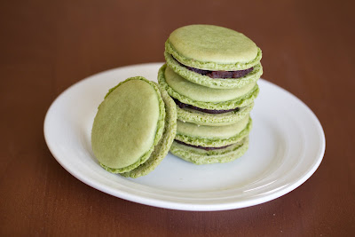 photo of a stack of Matcha macarons on a plate