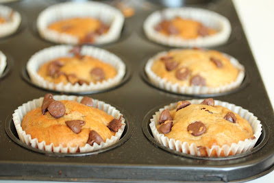 photo of Peanut Butter Banana Chocolate Chip Muffins in a muffin pan