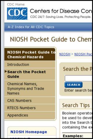 Android application Mobile NIOSH :Pocket Guide screenshort