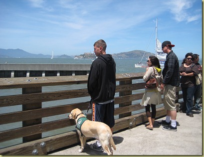 James and Reyna looking over the edge of the pier at the Sea Lions. 