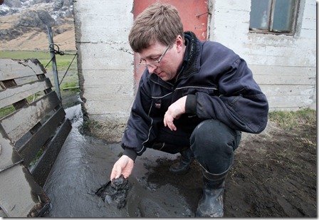 A farmer checks muddy volcanic ash on his land in Iceland on April 18, 2010. (HALLDOR KOLBEINS/AFP/Getty Images) #