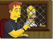 Liam Neeson as a priest, hearing confession with Homer