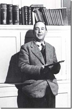 C.S. Lewis, author of Mere Christianity, pictured here with old books