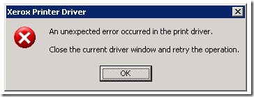 An unexpected error occurred in the print driver