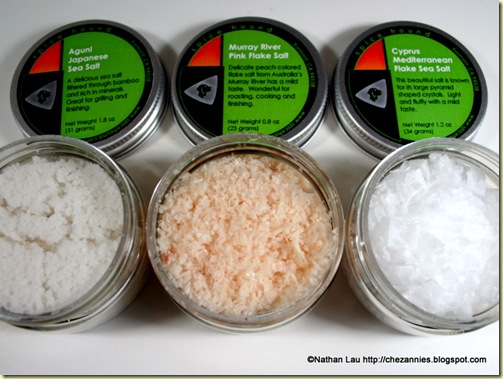 Aguni Japanese Sea Salt, Murray River Pink Flake Salt, Cyprus Mediterranean Flake Sea Salt