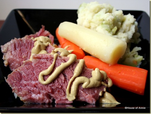 corned beef, carrots and colcannon