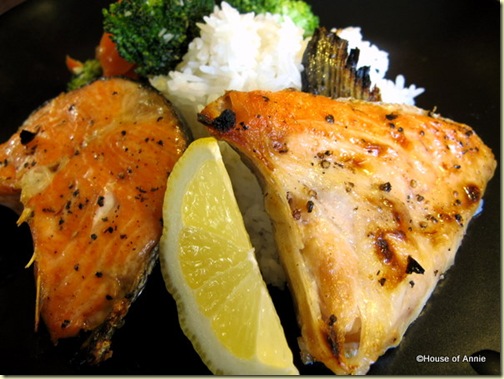 Broiled Salmon Collars with Rice and Stir-Fried Veggies