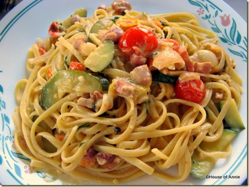 Linguine with Pancetta, Zucchini, Shallots, and Homegrown Cherry Tomatoes