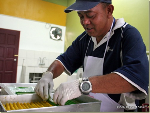 laying down second layer of green square strips for sarawak layer cake design - copyright house of annie