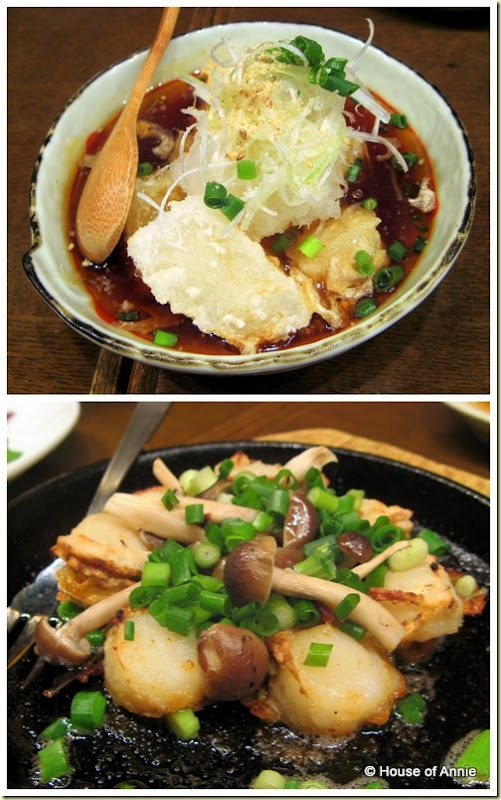 agedashi tofu and fried scallops and mushrooms
