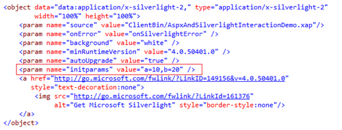 How to pass values to Silverlight application from ASPX page using InitParameter?