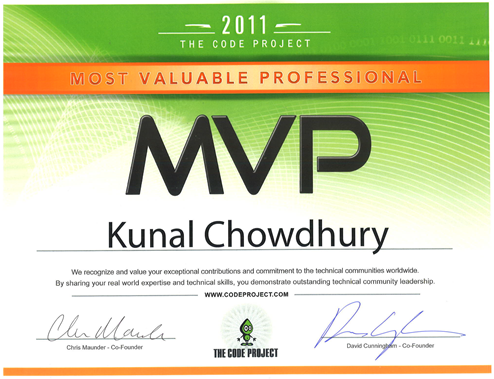 Code Project MVP Certificate - Kunal Chowdhury