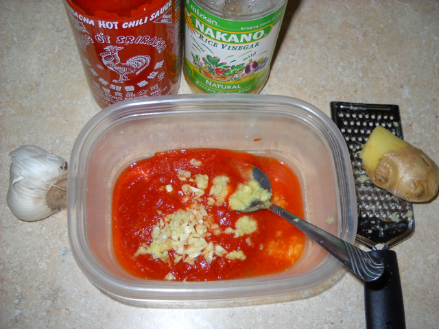 Sriracha Marinade and ingredients on counter 