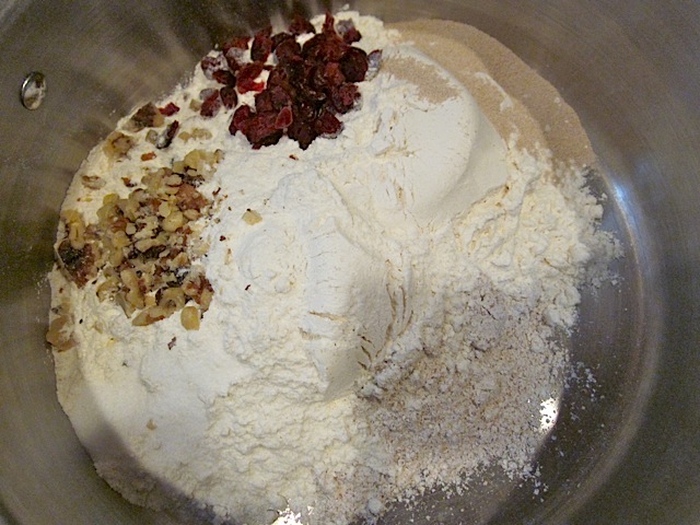 dry ingredients (flours, salt, yeast, walnuts and cranberries in a large bowl)