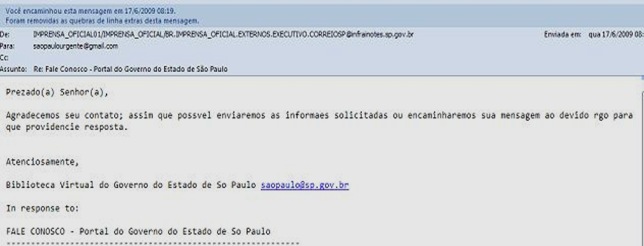 Imagem da resposta automática do Governo do Estado de São Paulo