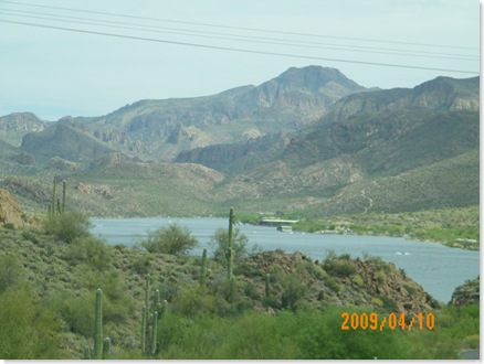 Canyon Lake through the truck windshield from Apache Trail