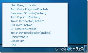 Rising PC Doctor - System try menu