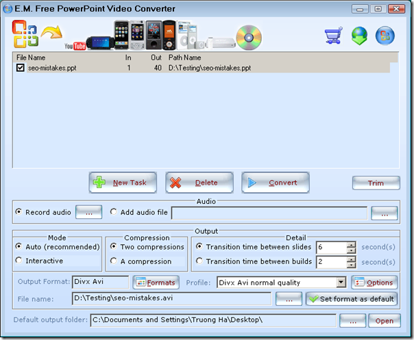 E.M Free PowerPoint Video Converter - Main Window